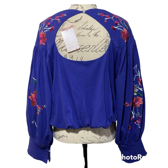 NWT Free People Cobalt Blue Lita Floral Embroidered Balloon Sleeve Cropped Top S - Picture 3 of 7